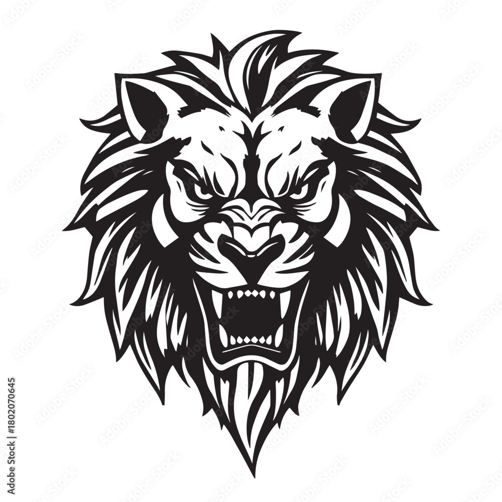 Obraz premium Fierce lion head roaring drawing illustration vector logo silhouette design.