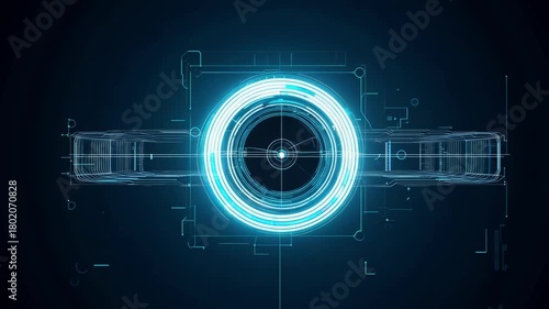 A glowing blue circular interface rotates smoothly through five stages, revealing shifting holographic elements and dynamic technical details in a dark digital environment.