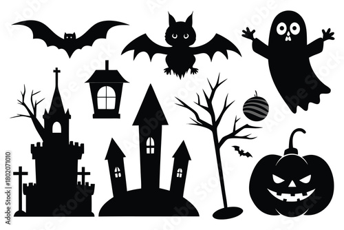 A spooky Halloween night illustration with a haunted house silhouette, cartoon bats, and a scary pumpkin vector