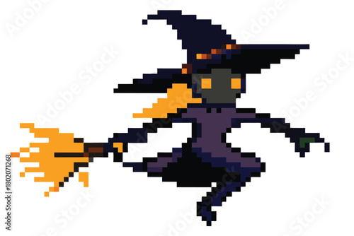 Pixel art witch flies swiftly on her broomstick during a mysterious Halloween night