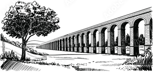 Ancient roman aqueduct ruins over open countryside landscape featuring weathered stone arches suitable for heritage presentations historical design templates travel posters and classical architecture 