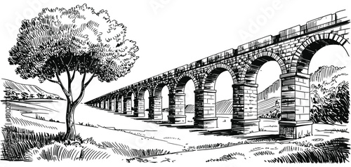 Ancient roman aqueduct ruins over open countryside landscape featuring weathered stone arches suitable for heritage presentations historical design templates travel posters and classical architecture 