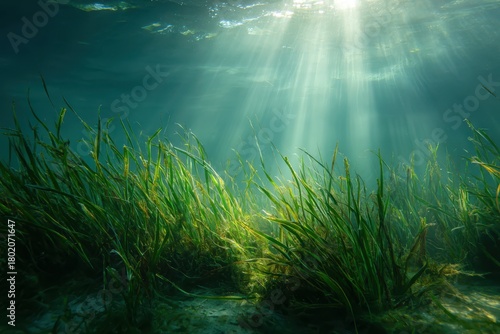 Underwater Paradise Sunbeams Through Green Seaweed Ecosystem Revealing Tranquility and Natural Beauty