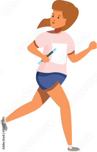 Determined female athlete running with relay baton, participating in a track and field competition