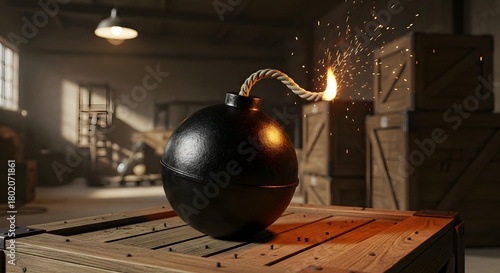 A black bomb with a lit fuse sitting on a wooden crate in a warehouse setting