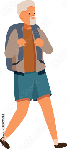 Elderly man enjoying his vacation, carrying a backpack and wearing casual clothes, representing active seniors and tourism