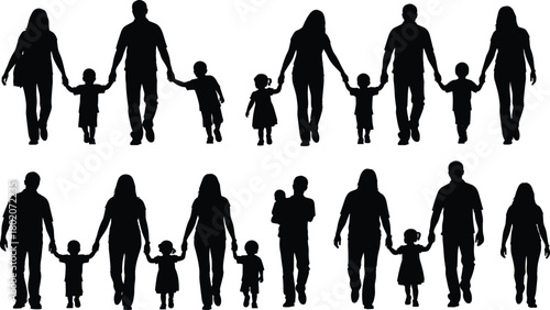 Silhouette family walking together, parents holding children's hands, happy family group illustration, mother father kids, isolated vector people
