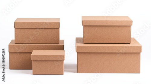 Stacks of assorted brown cardboard boxes with lids on a white background