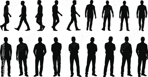 Silhouette set of walking man, standing man, male figure poses, black vector people illustration, isolated human character collection icons