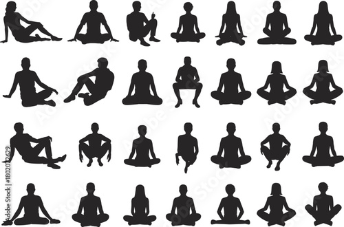 Silhouettes of people sitting in meditation and relaxation poses, yoga positions, mindfulness practice, calm body posture illustration set