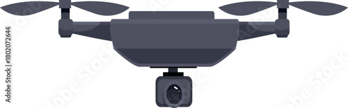 Grey quadcopter drone hovering, equipped with a high definition camera for capturing aerial photography and videography