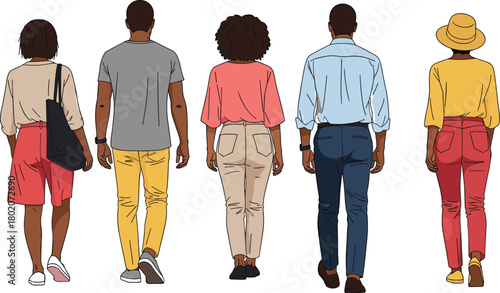 Flat vector walking people, casual outfit illustration, diverse fashion styles, rear view characters, streetwear concept, lifestyle design, urban clothing graphic