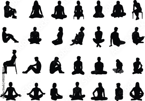 Silhouettes of people sitting in meditation and relaxed poses, yoga positions, mindfulness practice, calm body posture, wellness illustration set