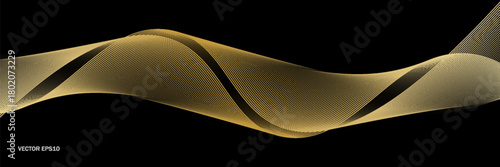 Vector wave lines smooth flowing dynamic gold gradient light isolated on black background for concept of luxury, technology, digital, communication, science, music