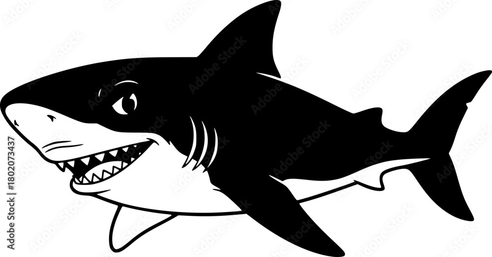 Obraz premium a black and white cartoon drawing of a shark, vector black