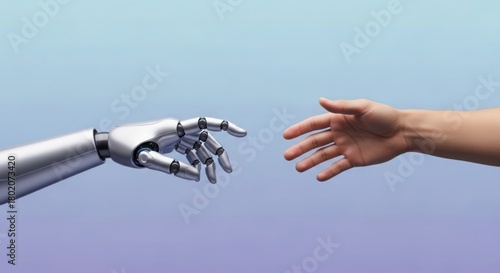 Sleek robotic arm and human hand reaching towards each other in partnership gesture, soft gradient background blue to purple, shallow depth of field, collaboration between AI and humanity theme