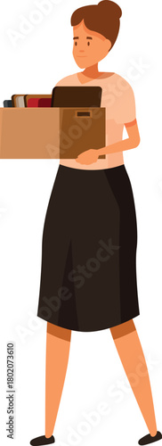 Sad office worker leaving the office carrying a box with her personal belongings