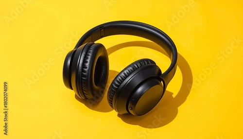 A pair of modern, black over-ear headphones centered on a bright, solid yellow background, minimal studio shot, symbolizing music, audio, or technology. (179 characters)