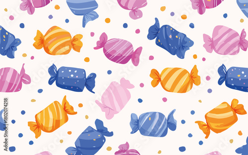 カラフルで可愛らしい包み紙に入ったキャンディが散りばめられた、シームレスなベクターパターン背景デザイン。