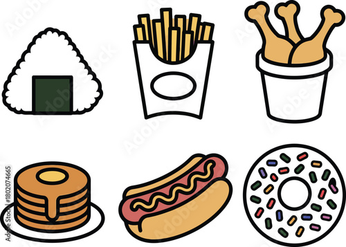 Illustration of collection of fast food and snack icons isolated on white background