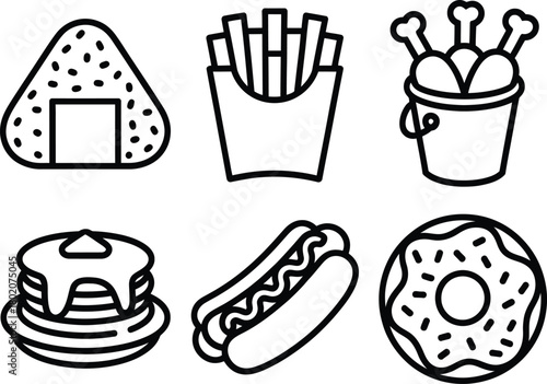 Illustration of collection of popular fast food and snack icons isolated on white background