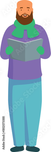 Bearded choir singer wearing gloves and scarf holding songbook, singing christmas carols