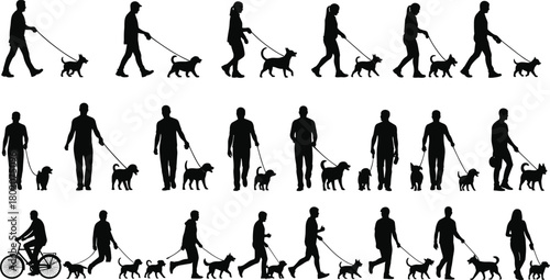 Silhouettes of people walking dogs, pet owners outdoor activities, dog walking, human and animal companionship, exercising pets illustration
