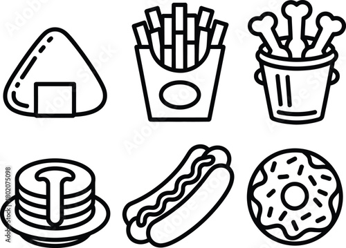 Illustration of set of six popular fast food icons isolated on white background