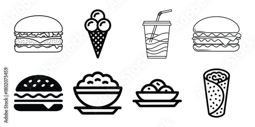 Illustration of collection of fast food icons isolated on white background