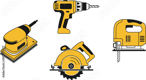 Power Tool Icons Cordless Drill, Circular Saw, Sander, Jigsaw