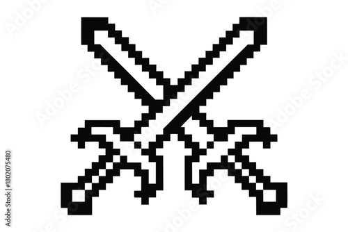 Pixelated black swords crisscross sharply on a white background creating a simple powerful image