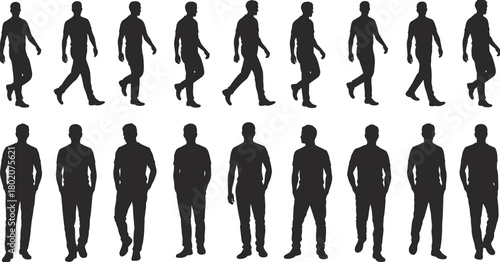 Silhouettes of man walking and standing in different poses, male figure movement, human body posture illustration, pedestrian concept design