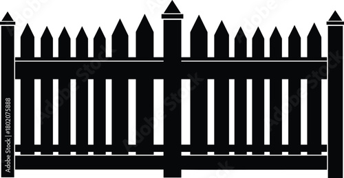 Wooden picket fence silhouette vector illustration, garden boundary security barrier for property yard, outdoor privacy design and landscape decoration
