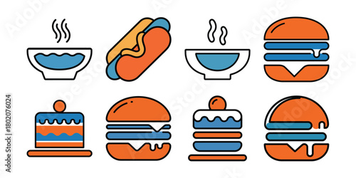 Illustration of collection of colorful food icons including burgers, hot dogs, and cakes