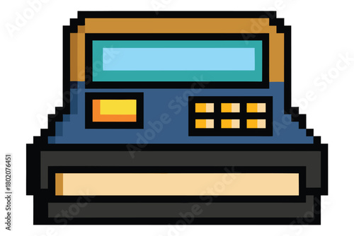 Pixelated cash register presents eight buttons and an informational screen on blue