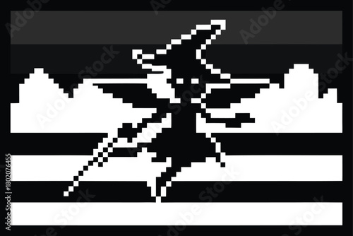 Pixelated black witch silhouette casts a mysterious shadow across a stark white landscape, creating intrigue
