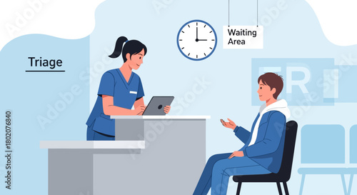 Triage nurse at reception desk interacting with patient in hospital waiting area, healthcare concept