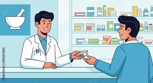 Pharmacist handing medication to customer at the counter in pharmacy, healthcare and medicine concept