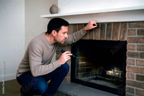 Man with flashlight inspects a brick fireplace hearth.