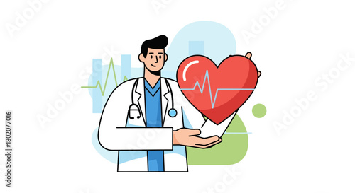 Male doctor wearing coat and stethoscope holds large red heart with cardiogram line, symbolizing cardiology and heart health, isolated on