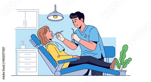 Male dentist in blue scrubs and gloves examines female patients teeth with dental tools in modern dental clinic, focusing on oral hygiene and dental care, isolated on