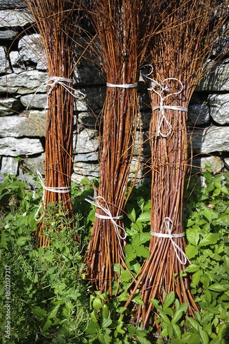 Bundles of brushwood on a stone wall, Lavertezzo, Verzasca Valley in the canton of Tessin, Switzerland