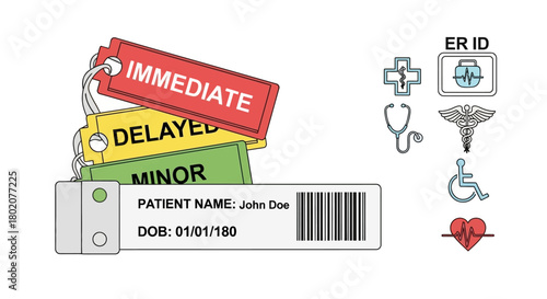 Patient Triage Tags: Illustrating an emergency room patient's condition, with color-coded triage tags. Including labels for 'immediate', 'delayed' and 'minor', next to various medical icons.
