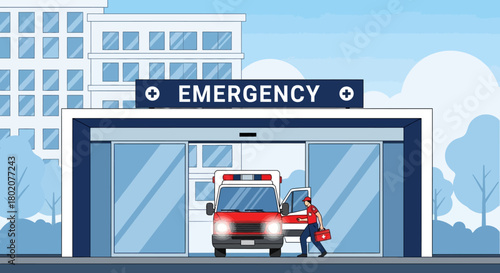 Ambulance arriving at hospital emergency entrance with medical professional ready to assist