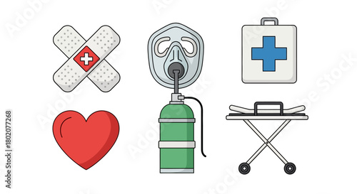 Collection medical icons including heart, bandages, oxygen mask, first aid kit, and stretcher