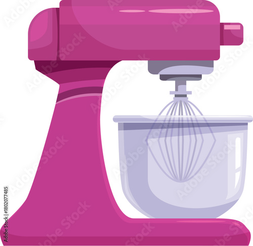 Pink stand mixer with a whisk attachment is ready to blend ingredients for baking