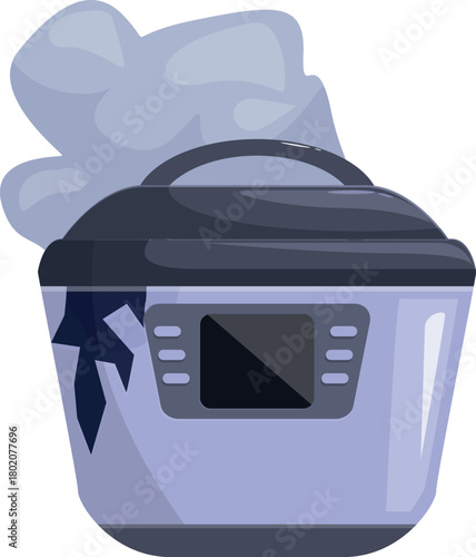 Broken multi cooker emitting smoke, depicting a kitchen hazard and malfunctioning appliance