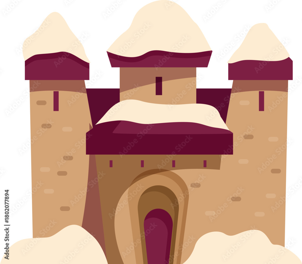 Naklejka premium Snow covered medieval castle with towers and gate, winter landscape illustration