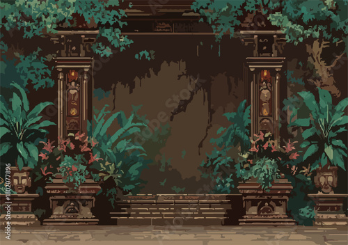 古代遺跡の入り口のような、深い緑の熱帯植物に囲まれたピクセルアートの背景。暗く神秘的な雰囲気。