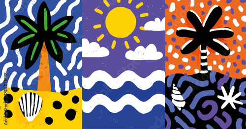 カラフルで抽象的なイラストレーションで描かれた、太陽と海とヤシの木が並ぶトロピカルな三分割の夏の風景デザイン。